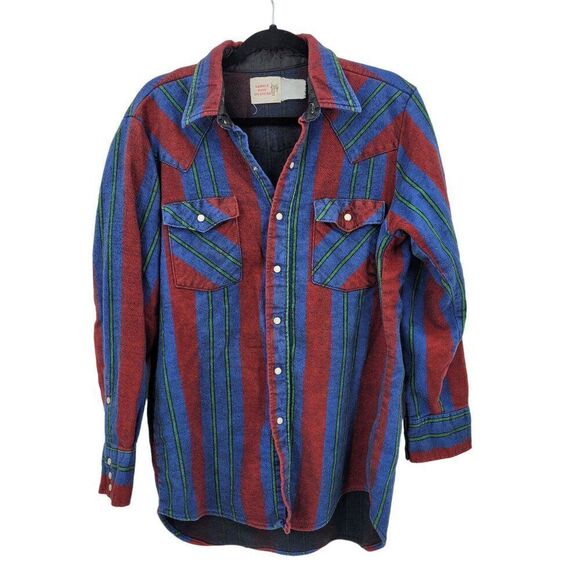Vintage Western Striped Pearl Snap Flannel Shirt XL Outdoor Rugged Cabin Core - Picture 1 of 11